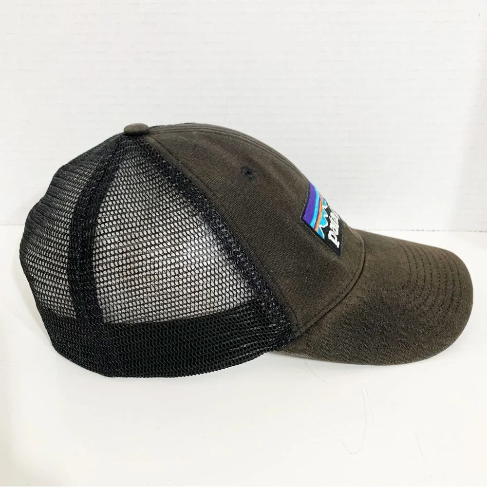 Patagonia Logo Faded Trucker Style Hat Cap Black Mesh Snapback Adjustable Back